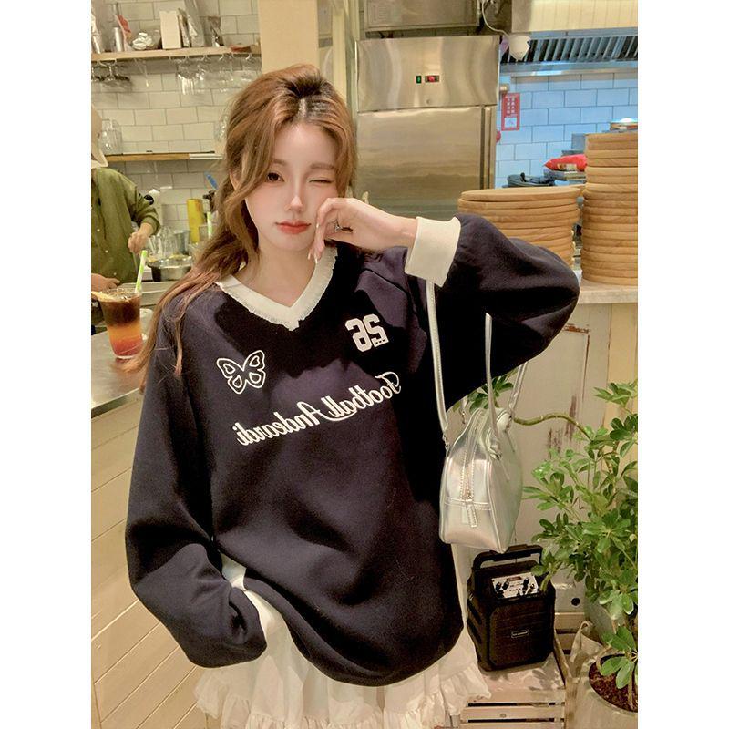 Women's Cotton Lace Trim Color Block V-Neck Sweatshirt – American College Style