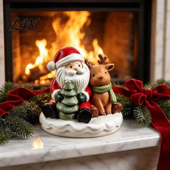 Holiday Home Decor Ornaments Santa And Deer Figurine, Christmas Gnome Resin Statue, Decorative Figures for Table Centerpiece Living Room Bedroom