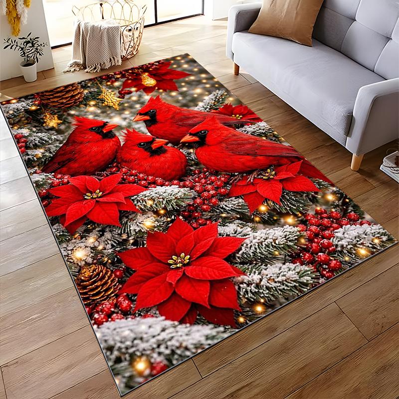"Festive Cardinals on Pine Tree with Red Flowers Non-slip rug suitable for living room and bedroom sofas sofas"