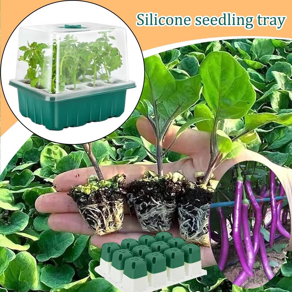Seedling Starter Tray Kit 12 Holes Nursery Seedling Dish Soft Silicone Plastic Seed Starter Breathable Plant Growth Tray