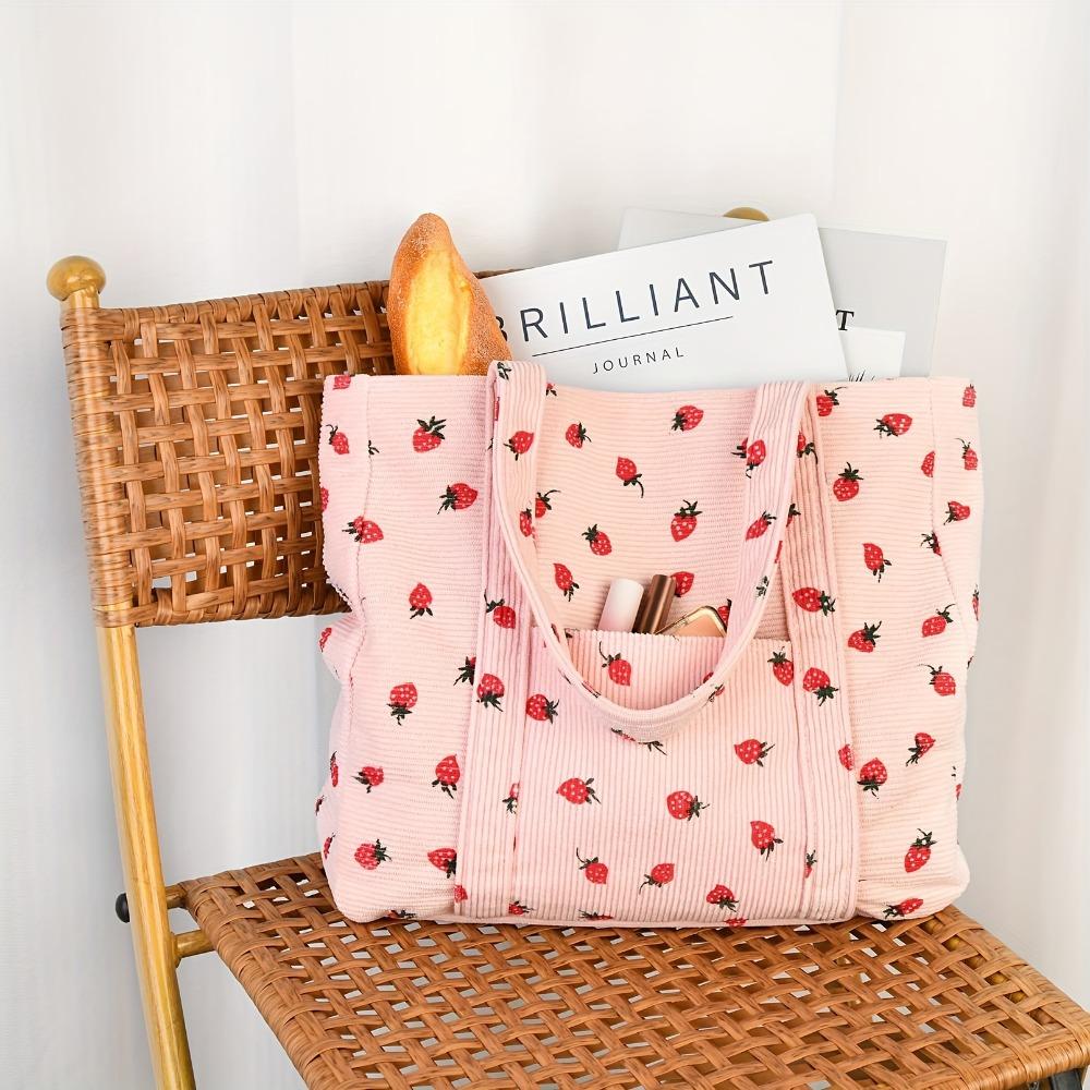 Вельветовые сумки-тоуты для женщин, большая вместительная сумка, эстетичная многоразовая сумка для продуктов из клубники, фермерская сумка через плечо для девочек