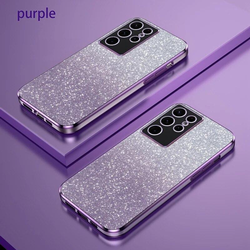 Luxury Plating Magnetic Holder Phone Case For Samsung Galaxy S24 Ultra S23 S22 S21 S20 Plus FE Note 20 10 Silicone Glitter Cover