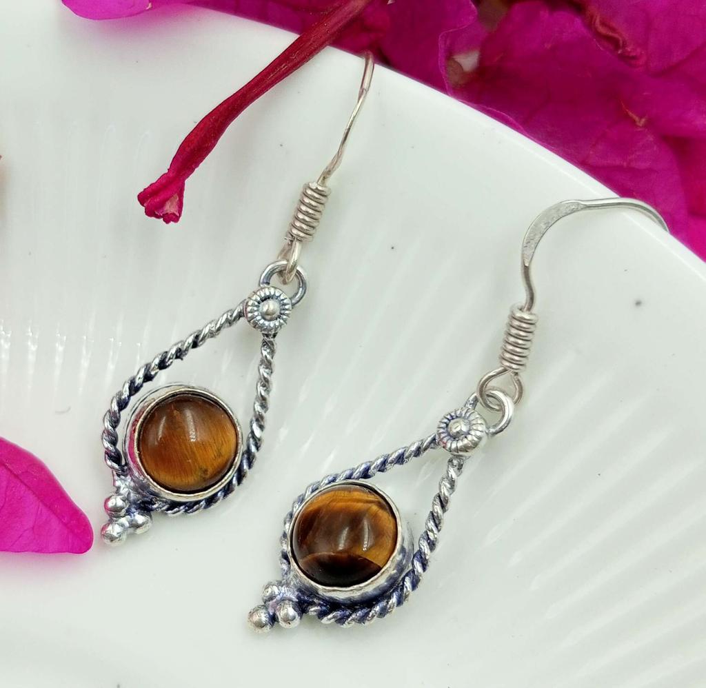 Tiger Eye Gemstone 925 Sterling Silver Plated Hook Earrings Jewelry NST-J2H7546