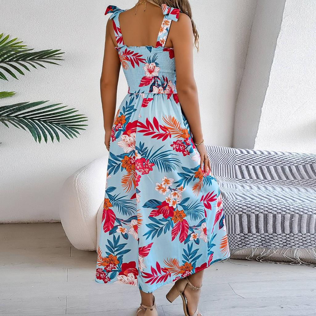Women's Fashion Floral Print Waisted Suspender Dress Holiday Beach Maxi Dress