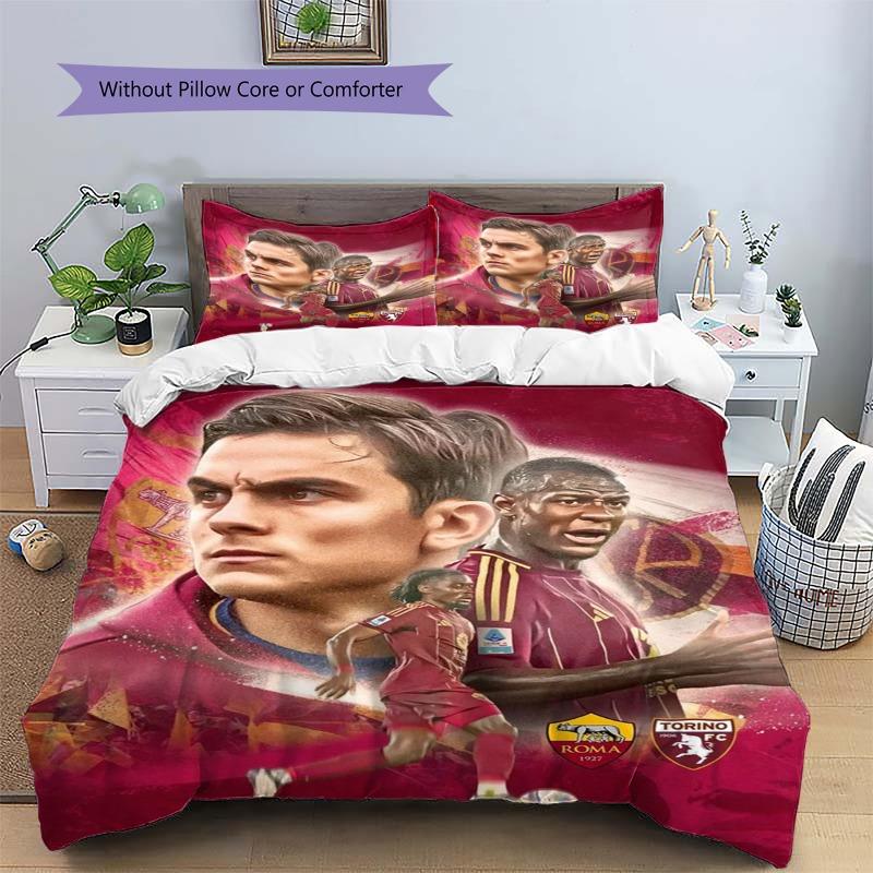 AS Roma Football Team Collage Bedding Set, Red Soccer Duvet Cover Set, 3 Piece Sports Fan Bed Set