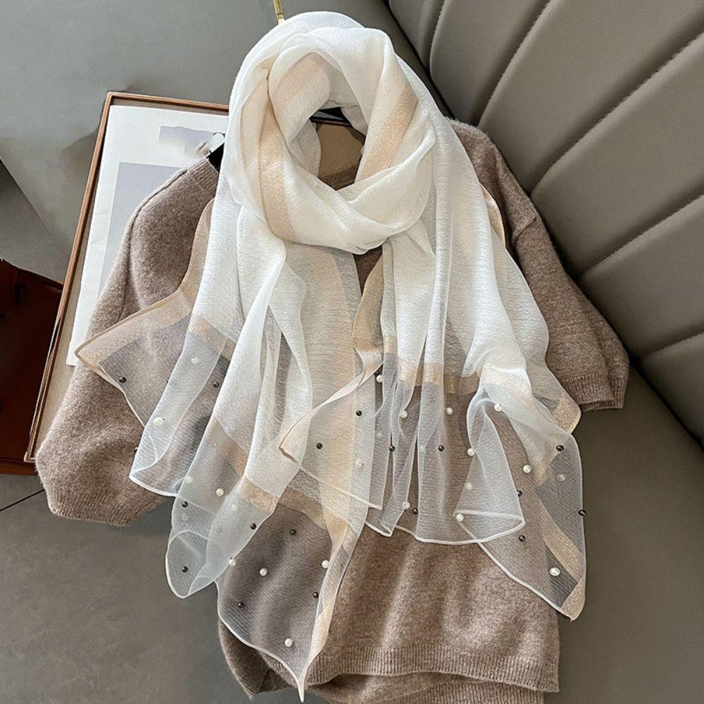 90x90cm Luxury Silk Scarf Pearl Beach Shawl Women Pearl Scarf