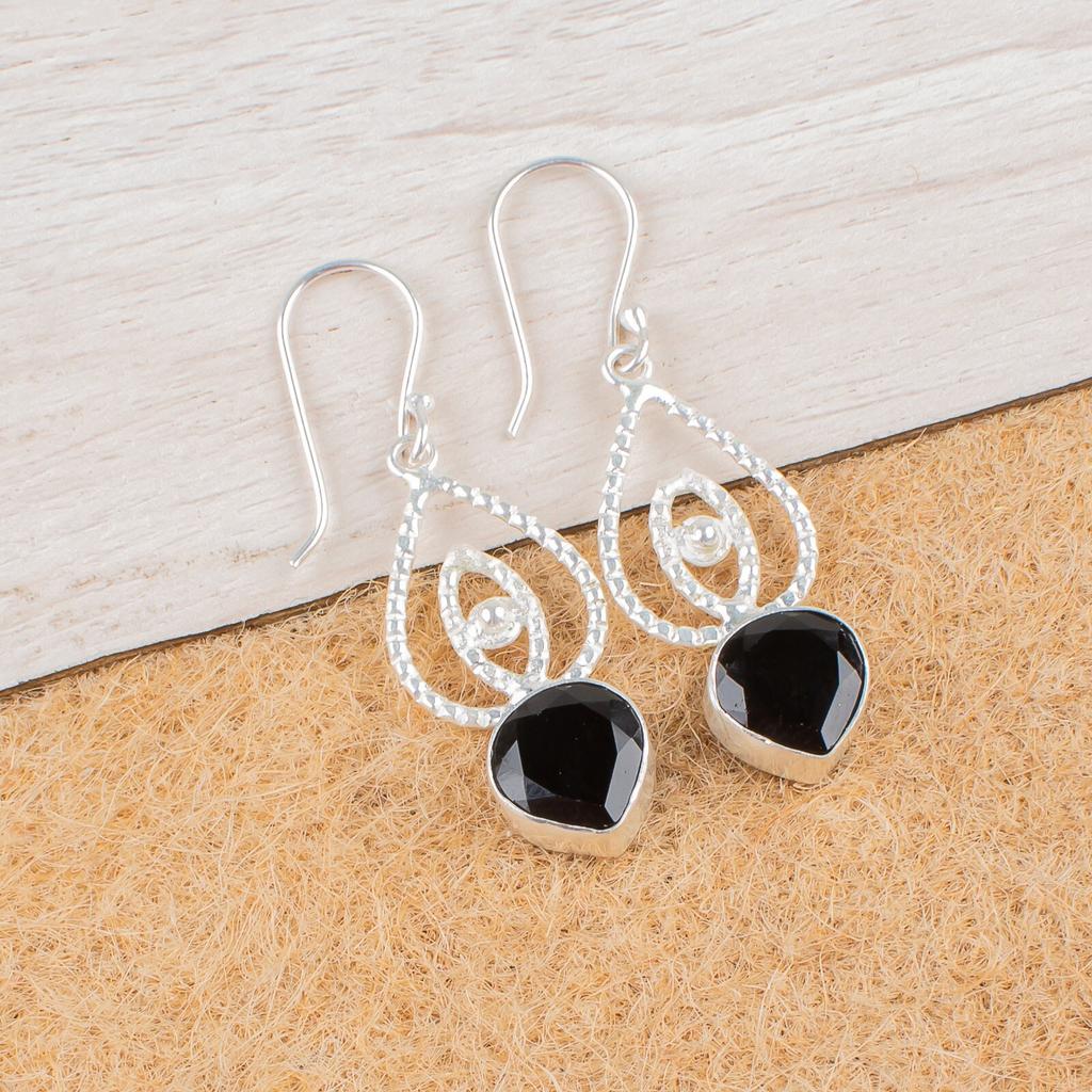 Rare Black Onyx Gemstone 925 Sterling Silver Handmade Drop/Dangle Earrings 2.00" EE-32-13