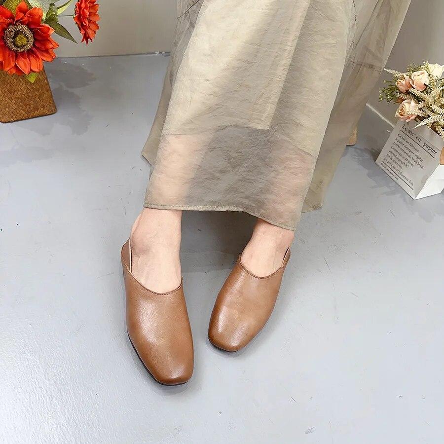 Johnature Genuine Leather Shallow Flat Shoes Round Toe Soft Sole Loafers Casual Solid Color Women's Slip-on Shoes
