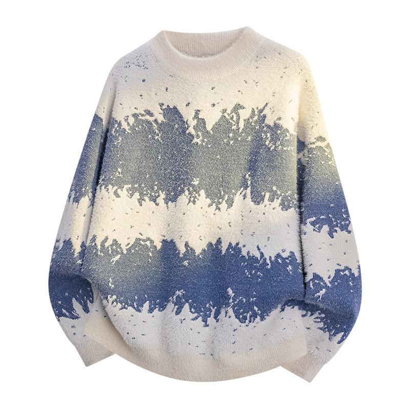 Пуловеры С длинными рукавами Свитера Унисекс Свитер Осень и Зима Градиентный цвет Шерстяной свитер Для пар Свободный Круглый вырез Базовый вязаный свитер Мужской