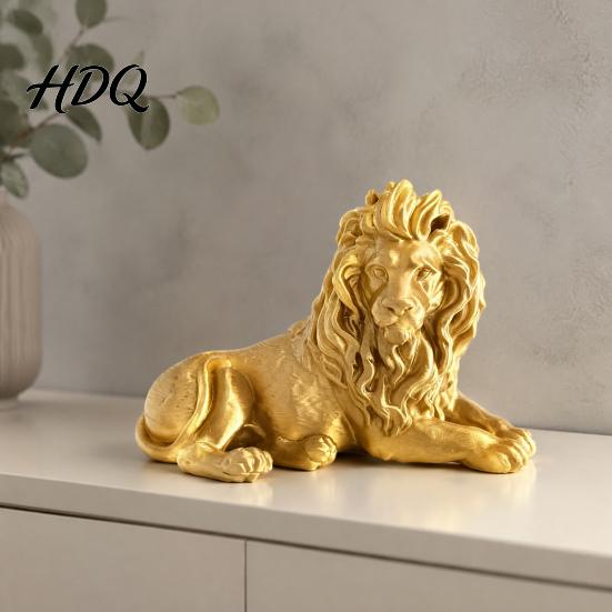 Компактная статуэтка животного, Золотой лежащий лев, Фигурка из смолы, 3D-печатная лежащая статуэтка, Скульптура для офисного стола, книжной полки, винного шкафа, столешницы