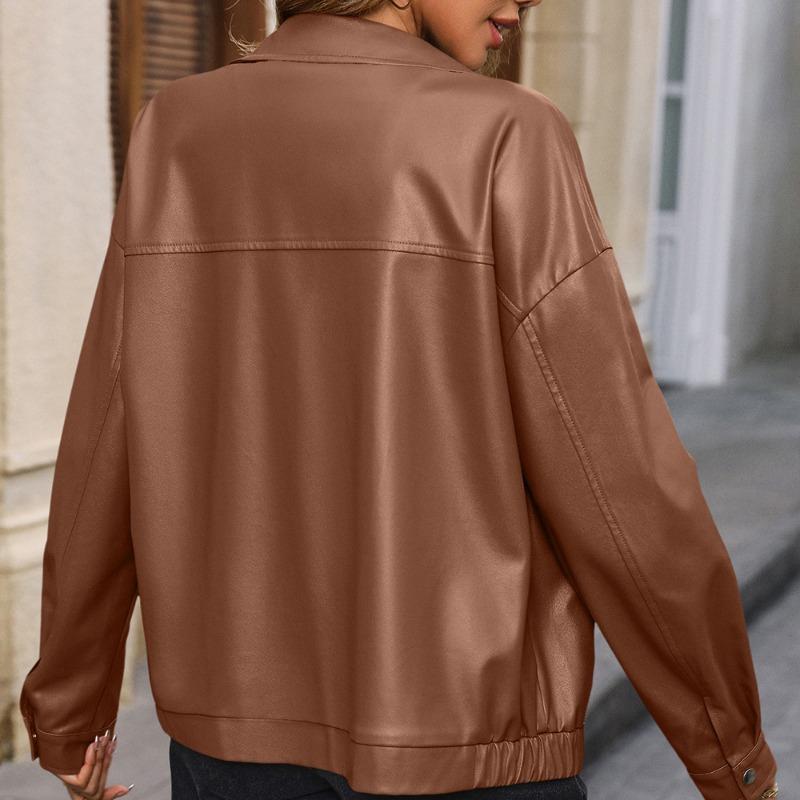 Женская повседневная куртка из искусственной кожи с коротким рукавом и молнией из искусственной кожи, однотонные куртки с лацканами