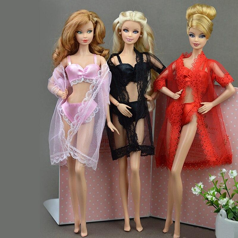 1 компл., сексуальные пижамы, нижнее белье, кружевное длинное пальто + бюстгальтер + нижнее белье, одежда для куклы Барби, платье, нижнее белье, кружевные платья