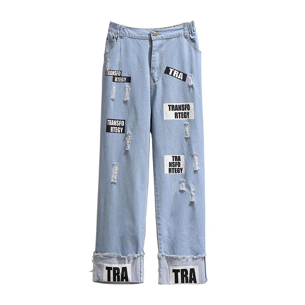 Джинсы деним больших размеров в корейском стиле с широкими штанинами, принтом в виде букв и потертостями