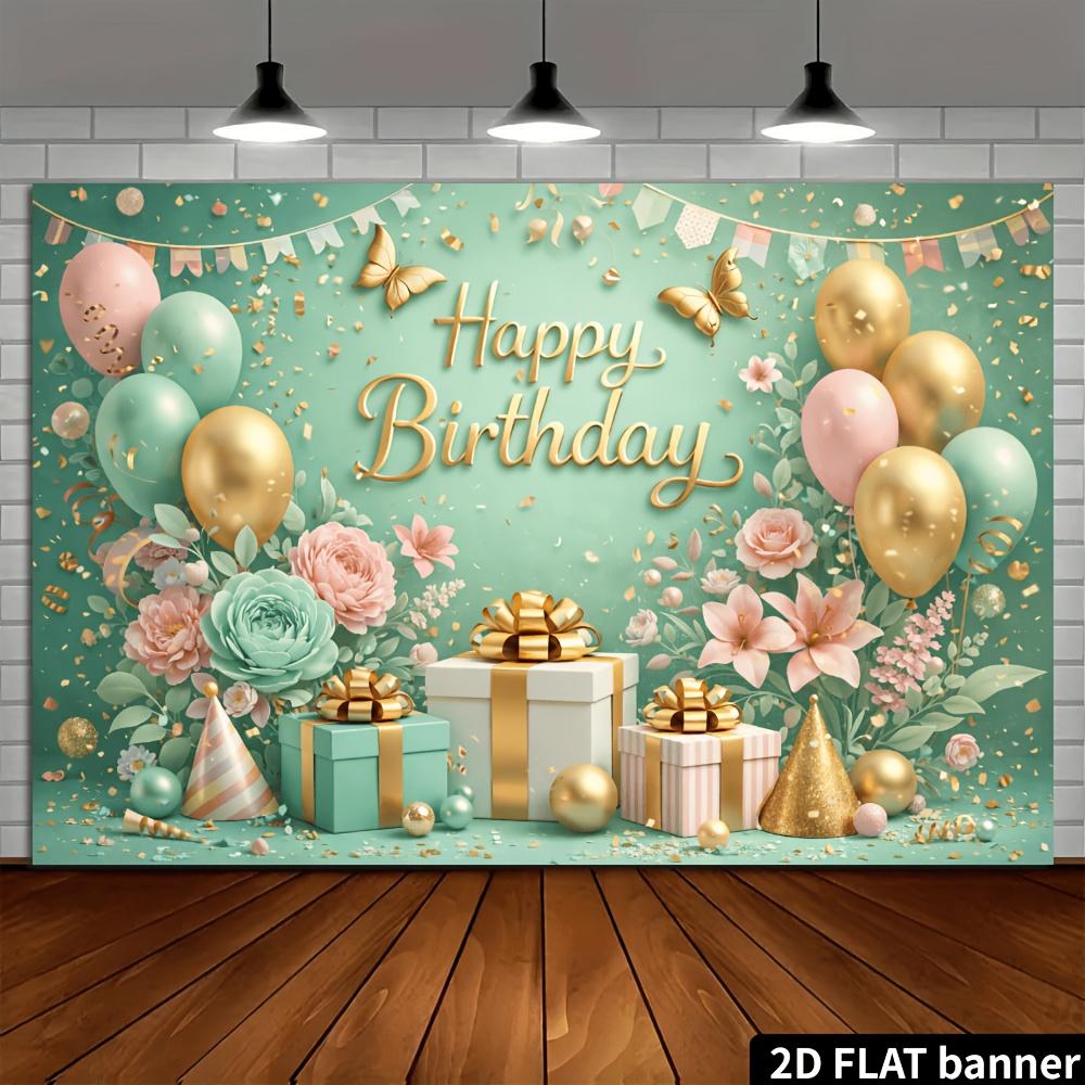2D planar mint green birthday party backdrop fabric with gold foil text "Happy Birthday", made of durable polyester material.