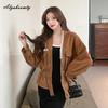 Korean Fashion Spring Autumn Women Brown Denim Jacket V Neck Beading Loose Basic Coat Long Sleeve Stylish Feminine Ladies' Outerwear