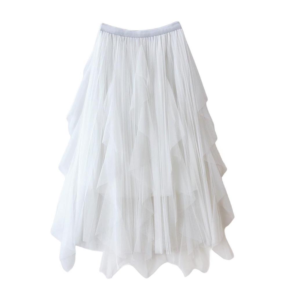 2023 Women's Irregular A-Line Pleated Gauze Skirt with Tassels