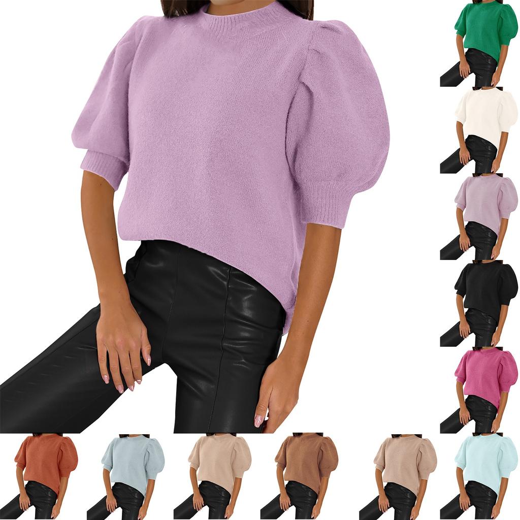 Women's Puff Short Sleeve Knit Sweaters Tops Casual Pullover Shirts