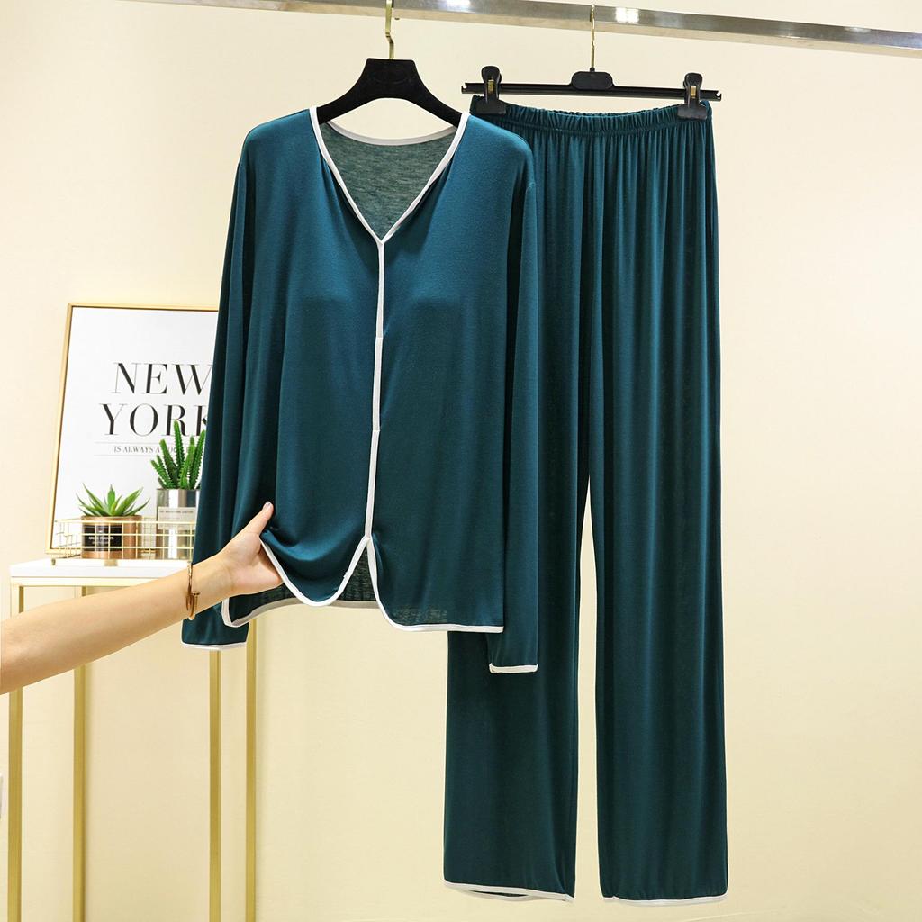 Модальный пижамный комплект с длинным рукавом и нагрудными вкладышами для женщин - Повседневный двухпредметный комплект на осень/зиму с отделкой