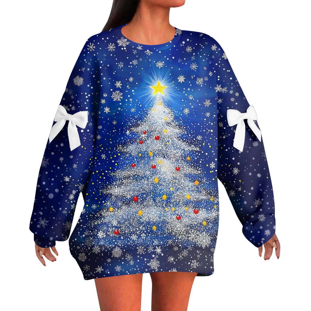 Женский рождественский пуловер с принтом и бантом, с круглым вырезом, длинными рукавами, свободного кроя