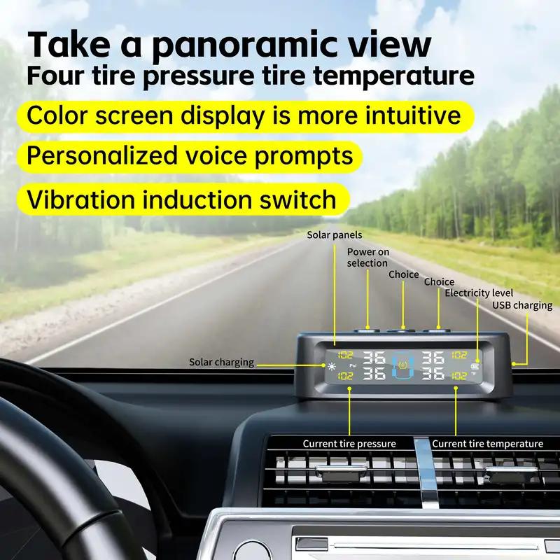 Solar TPMS Car Tire Pressure Alarm Device Auto Tyre Pressure Security Colorful Digital Display 4 External Sensors Tire Pressure Temperature Warning