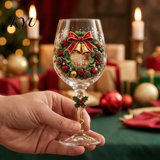 Decorative Wine Cups for Parties Christmas Glass, Santa Snowman Reindeer Stocking Tree Wreath Pattern Handcrafted Glassware Holiday Wine, Cocktails,
