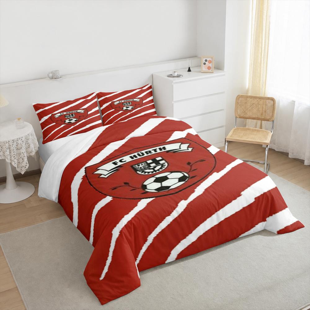 Red White Football Club Crest Bedding set (1 duvet cover, 2 pillowcases, duvet not included), FC Hurth Soccer Emblem Art Print