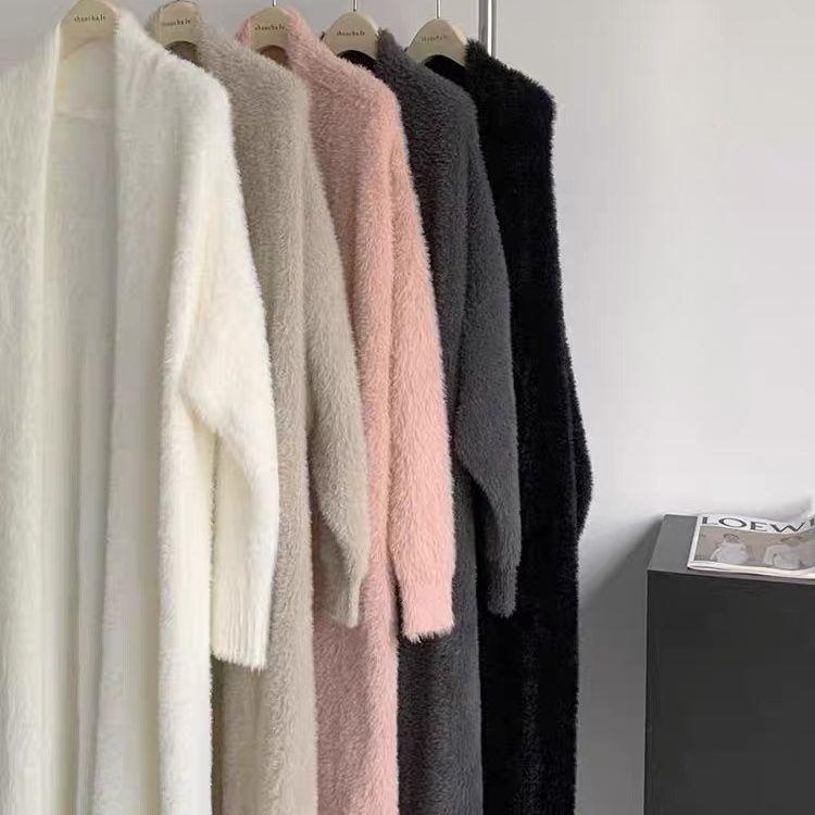 Женский кардиган из искусственной норки длиной выше колена, свободный повседневный утолщенный вязаный кардиган, куртка-свитер на осень и зиму