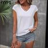 Женские модные повседневные летние весенние однотонные блузки и рубашки с v-образным вырезом и короткими рукавами с принтом