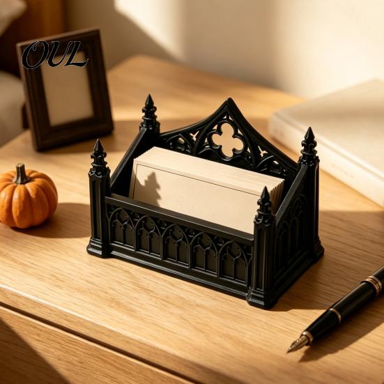 Artistic Desktop Decoration Gothic Dark Business Card Holder, 3D Printed Minimalist Desk Box Stand, Black Organizer for Office Home Style Display