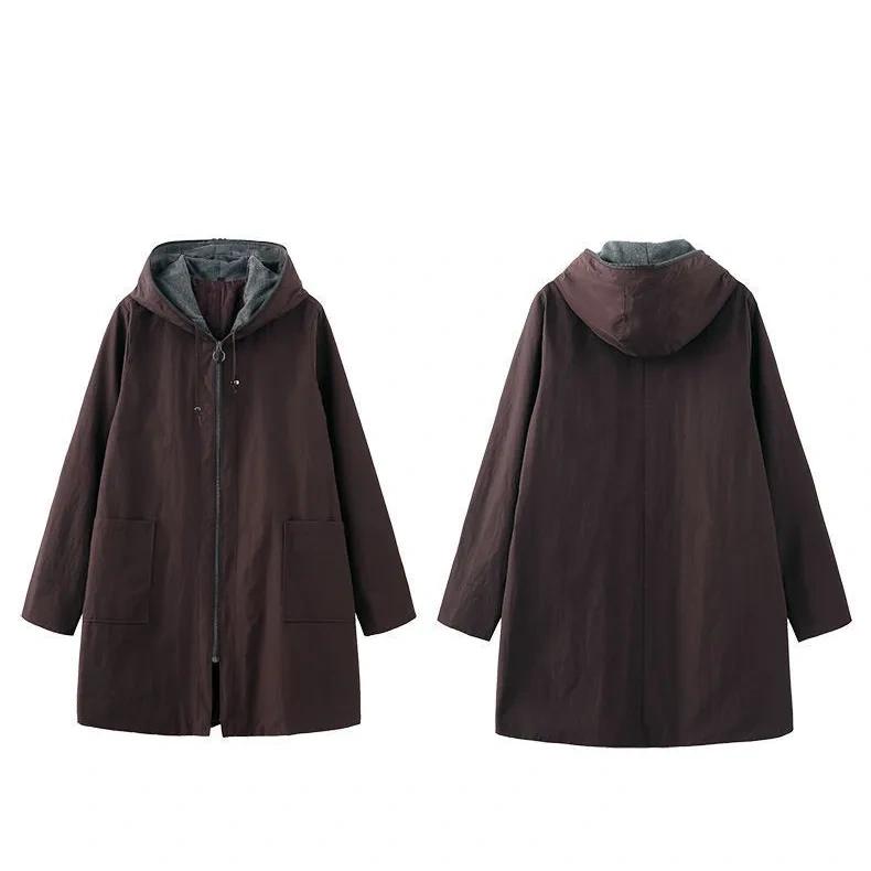 Осенне-зимний двухслойный плащ-ветровка средней длины с капюшоном для женщин, тонкий, простой, повседневный и свободный