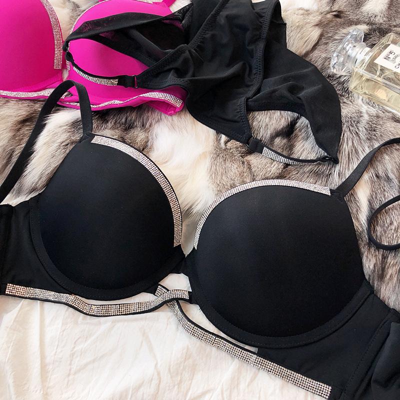 Sexy Women Underwear Set Cross Hollow Bra Fashion Rhinestones Cup Solid Color Push Up Brassiere Deep V Lingerie 2 Pieces Set