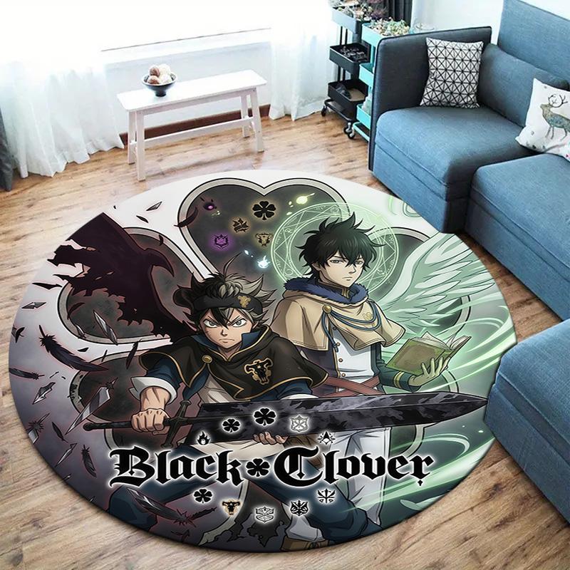 Black Clover Round Area Rug Carpet Rug For Living Room Bedroom Sofa Playroom Decor Nonslip Floor Mat