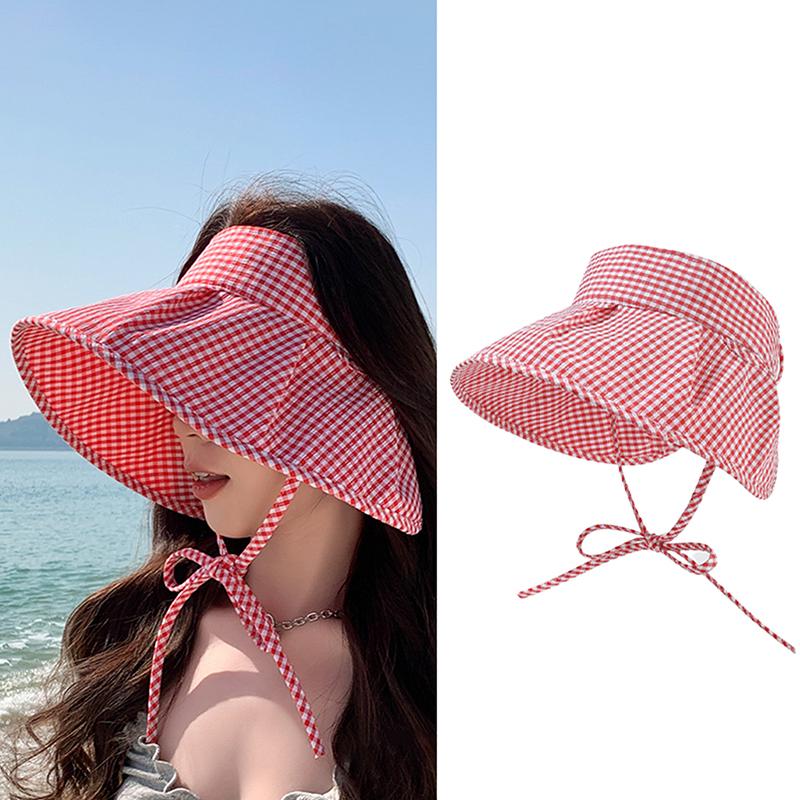 Летняя клетчатая шляпа от солнца, складная, с широкими полями, с пустым верхом, пляжная шляпа, дышащая, с защитой от ультрафиолета, для женщин, солнцезащитный козырек
