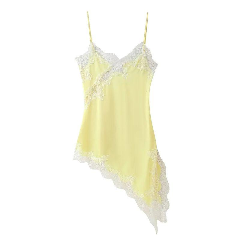 Summer New Arrival Women Clothes Sexy Style V-neck Sleeveless Silk Satin Texture Lace Asymmetric Dress 5919200