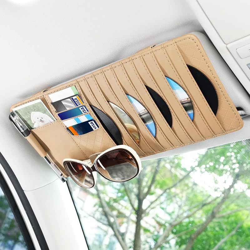 Alpmosn Sun Visor CD Case Holder For Car - Multi-Function Visor Organizer With CD/DVD Storage, Eyeglass Clip, Card Slots & Pen Holder, Durable