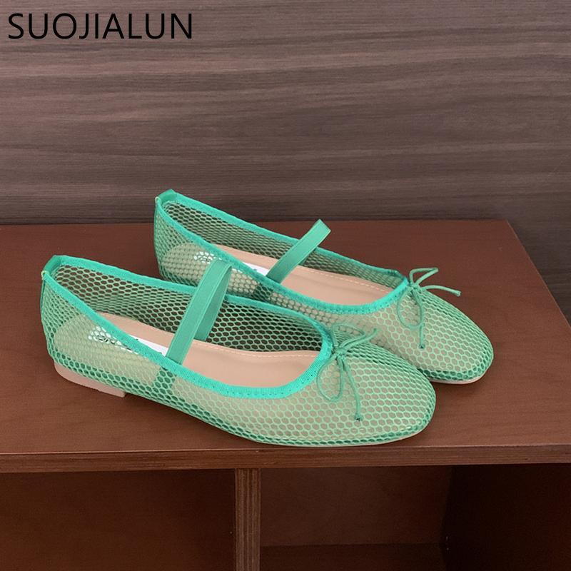 Модная SUOJIALUN 2025 Лето Новая Марка Женская Обувь на Плоской Подошве Модная Сетка Женская Элегантная Обувь-Лодочки Круглый Носок Мелкая Слипоны Балетки