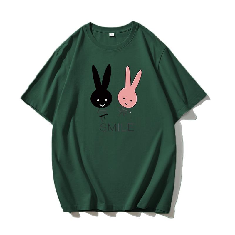 Shellsuning Cute Bunny Graphic Printed T Shirts Women Summer Casual Loose O Neck Short Sleeve Tees Female Trendy 100% Cotton Tops Lady