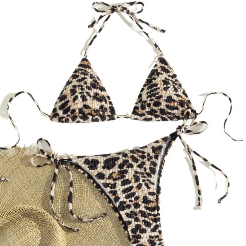 New Sexy Wrap Printed Lace-Up Strap Triangle Cup Bikini Swimsuit Set Split