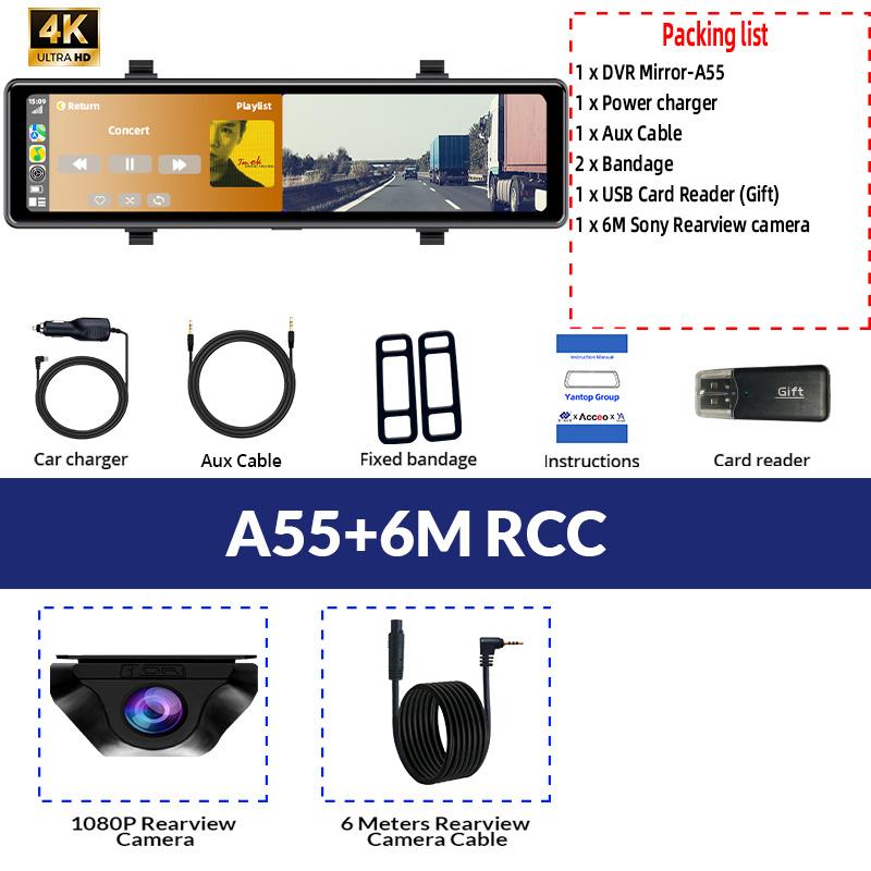 E-ACE 12-дюймовый 4K Carplay&Android Auto Car DVR Dash Cam Stream Mirror Video Recorder 1080P Зеркало заднего вида 5G Wifi/GPS/BT/FM AUX