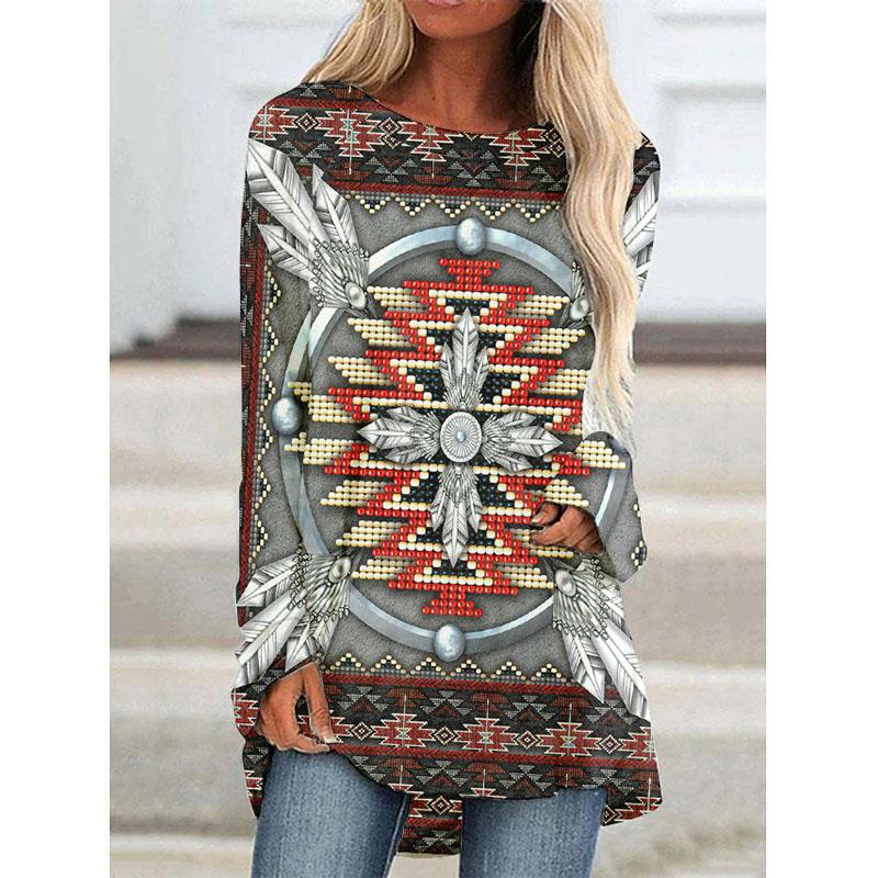 Футболки с длинным рукавом с принтом Western Aztec Ethnic 3D, богемные женские винтажные модные футболки, свободные уличные женские футболки, топы