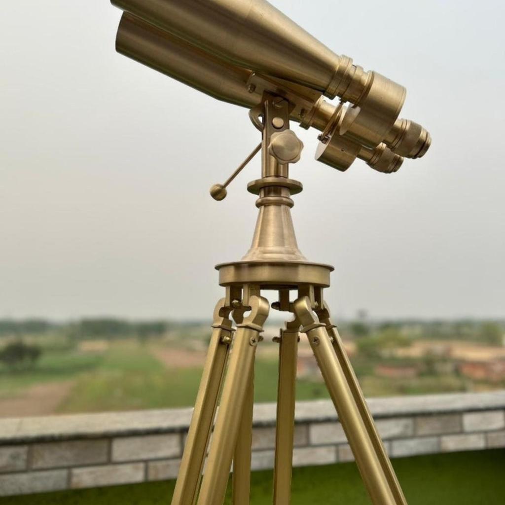 Naval Ship Solid Brass Heavy Double Eye Lance 15x80 Prism Binocular With Heavy Chrome Nickel Adjustable Tripod Tall Stand Replica of 1920s