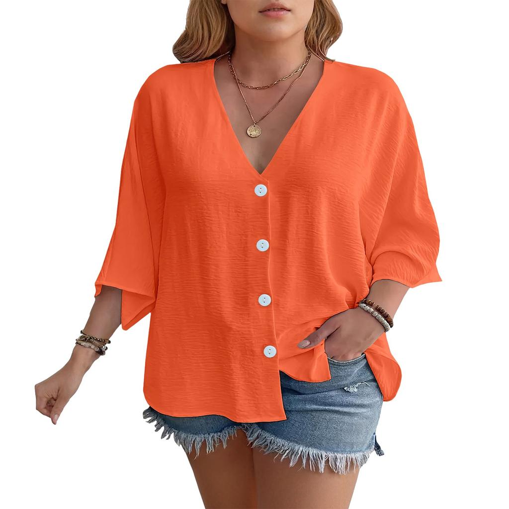 Women's Casual V Neck Button Shirt Classic Short Sleeve Shirt Tops Fashion Loose Solid Color