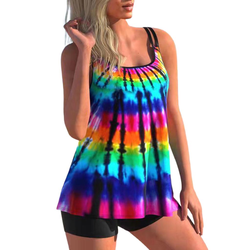 Women Swim Shirt + Shorts, Geometry/Rainbow/Butterfly Print Swimming Tops Swimwear Short Trousers Suit