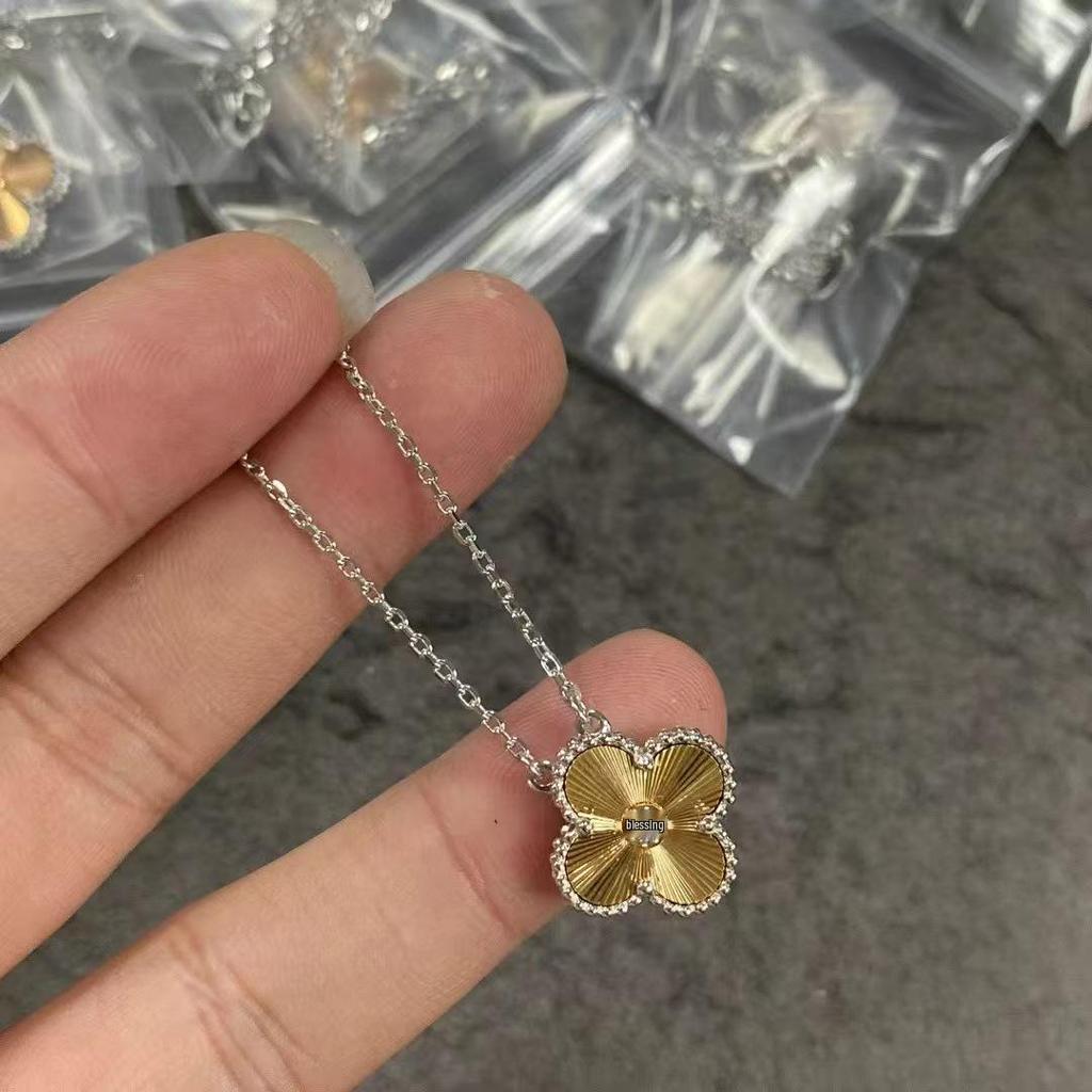 18K Gold Christmas Laser Four-Leaf Clover Necklace with CNC Carved Pendant & Sterling Silver Chain for Women