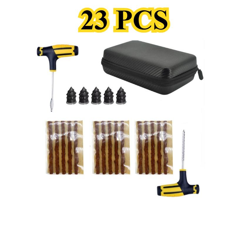 Multipurpose Tire Repair Kit with Rubber Strips Tools Pliers Pressure Gauge for Car, Bike, Motorcycle. Handles Most Tire Damage