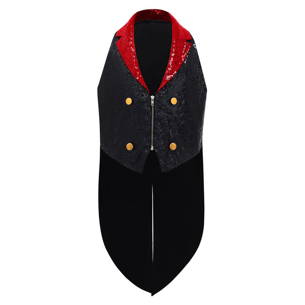 Boys Sparkly Sequins Medieval Vest Front Zip Victorian Waistcoat Circus Tailcoat Halloween Costume