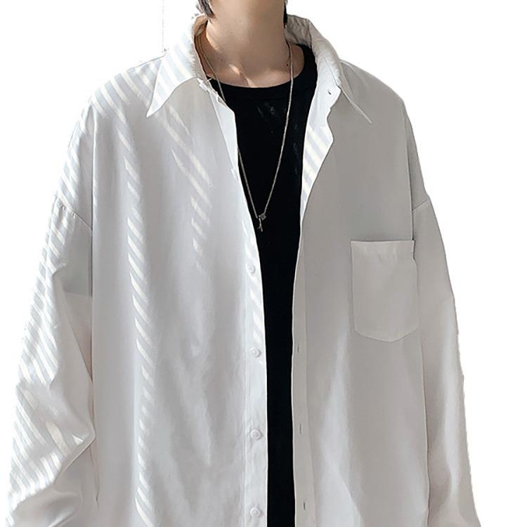 Japanese-Style Loose Fit White Long Sleeve Men's Shirt - Trendy, Large Size, All-Match Student Top for Spring and Autumn