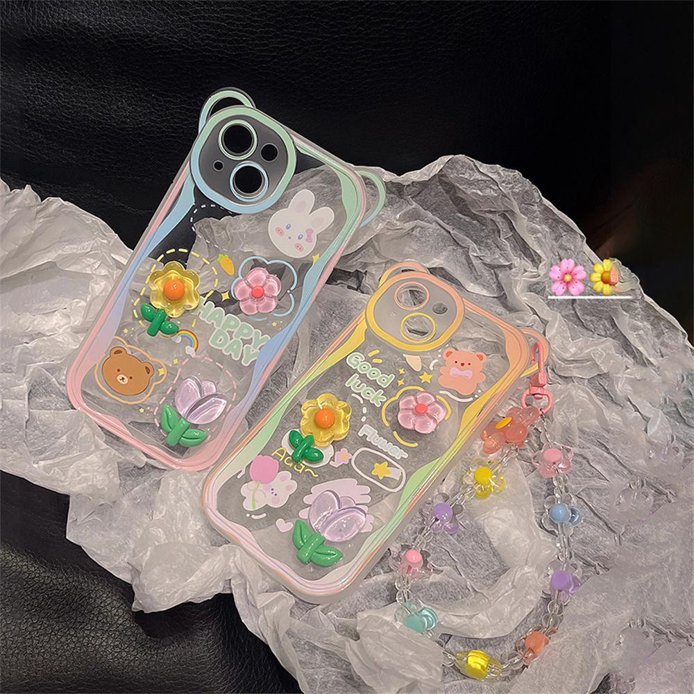Cute Bear Rabbit 3d Flower Phone Chains Clear Soft Phone Case For Iphone 14 12 11 13 Pro Max Xs Max 7 8 Plus Protective Cover