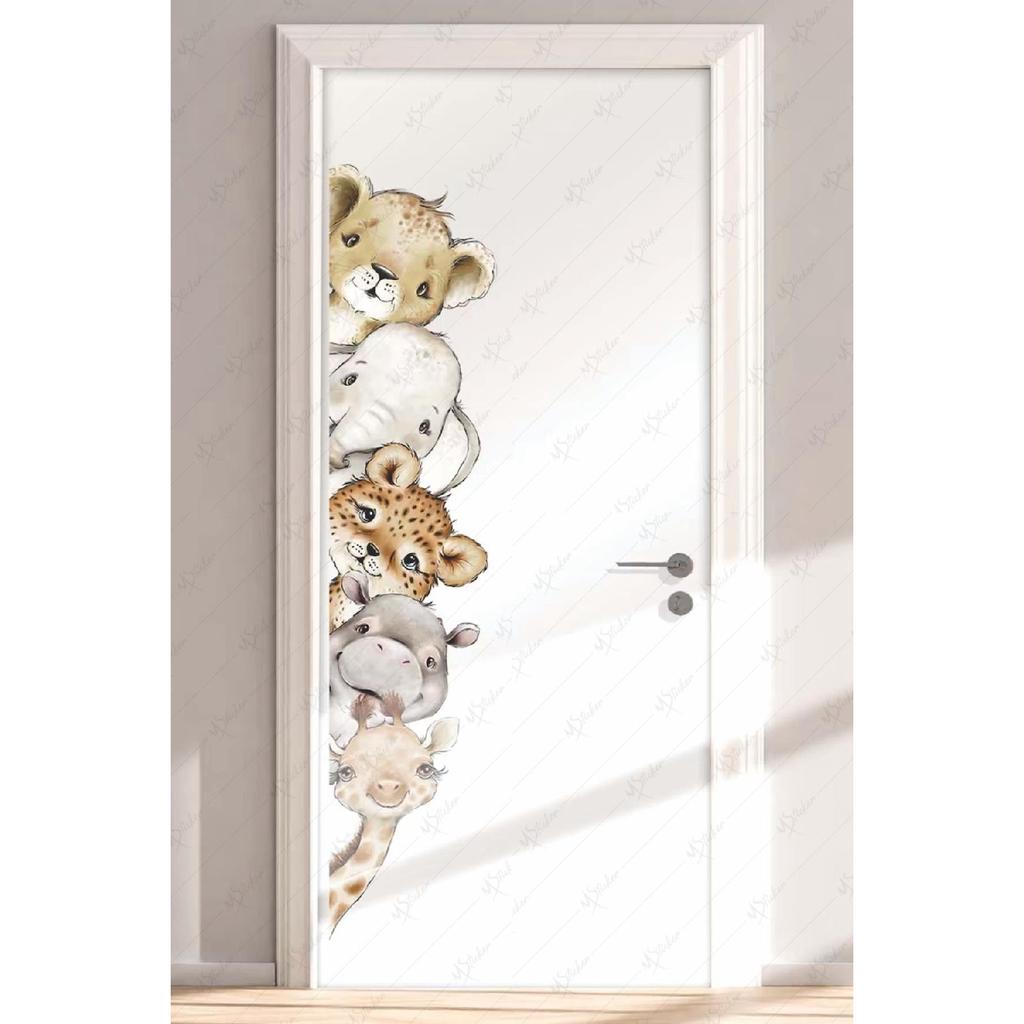Safari Animals Themed Door Sticker, Glass Wall Cabinet Baby Room Sticker