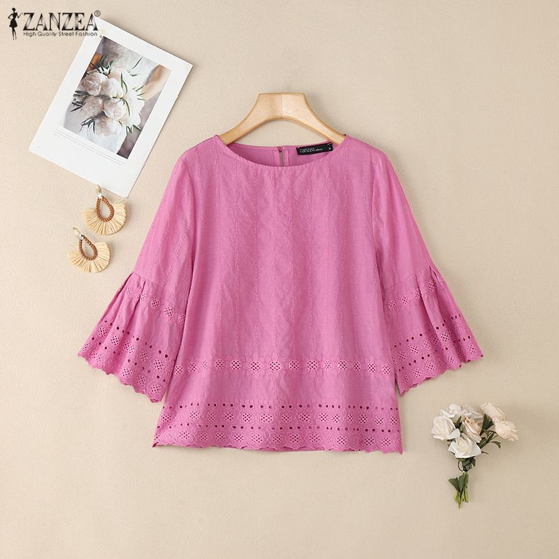 ZANZEA Женская повседневная блузка с круглым вырезом, рукавом 3/4, свободного кроя, с вышивкой и пэчворком
